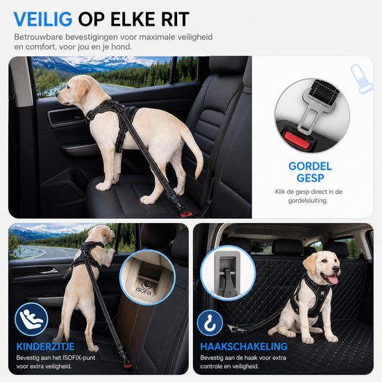 BOTC Ceinture pour Chiens 3 en 1 - Ceinture de sécurité pour chien - Réfléchissante - Ceinture de sécurité pour chien - Ceinture de voiture pour chien - Zwart - Acier inoxydable