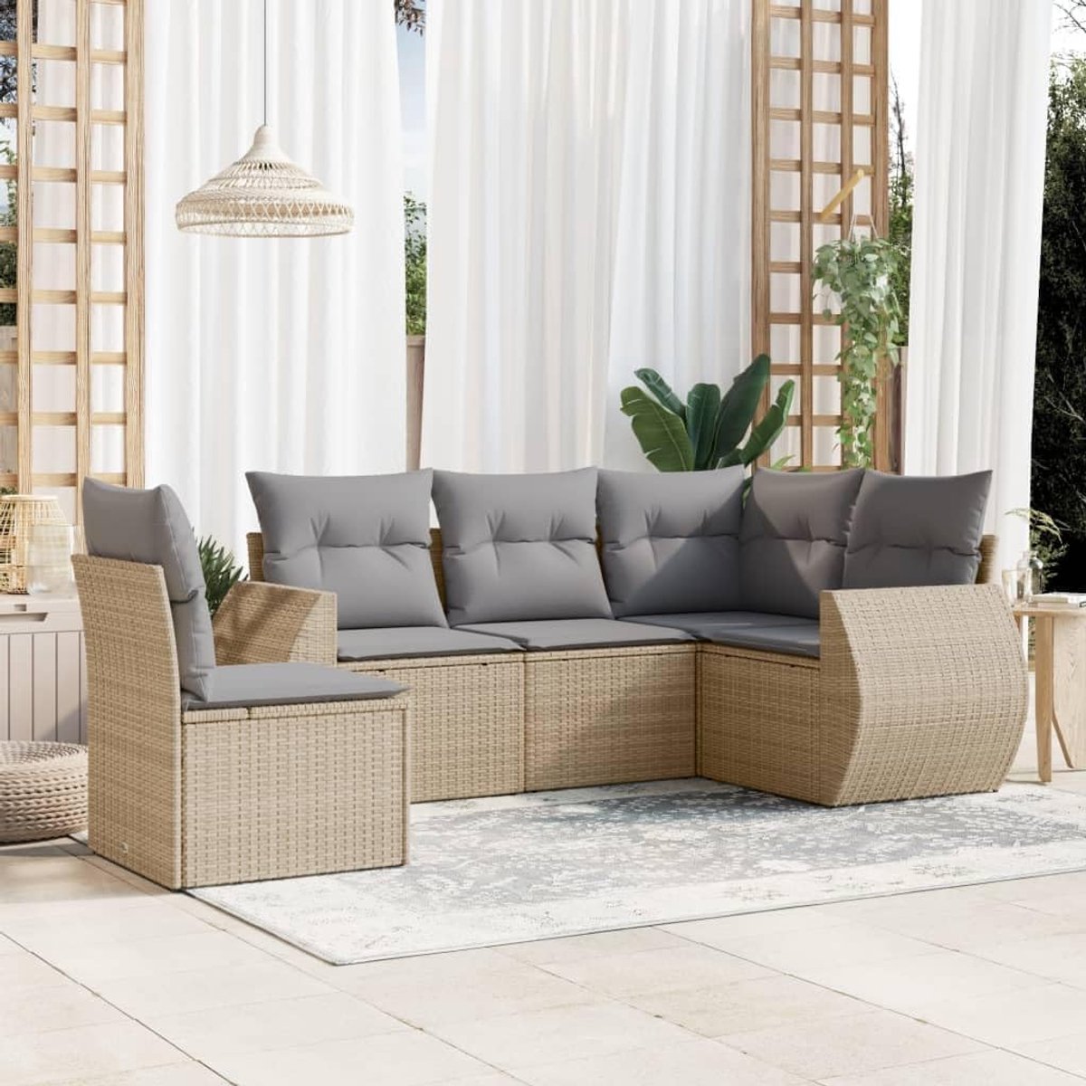 Tuinmeubelset 5-Delig met Kussens 62 x 62 x 69 cm Beige/Grijs – Modulaire Polyrotan Loungeset voor Balkon, Terras en Tuin – Weerbestendige Buitenmeubelset met Afneembare Hoezen – Furnitureland