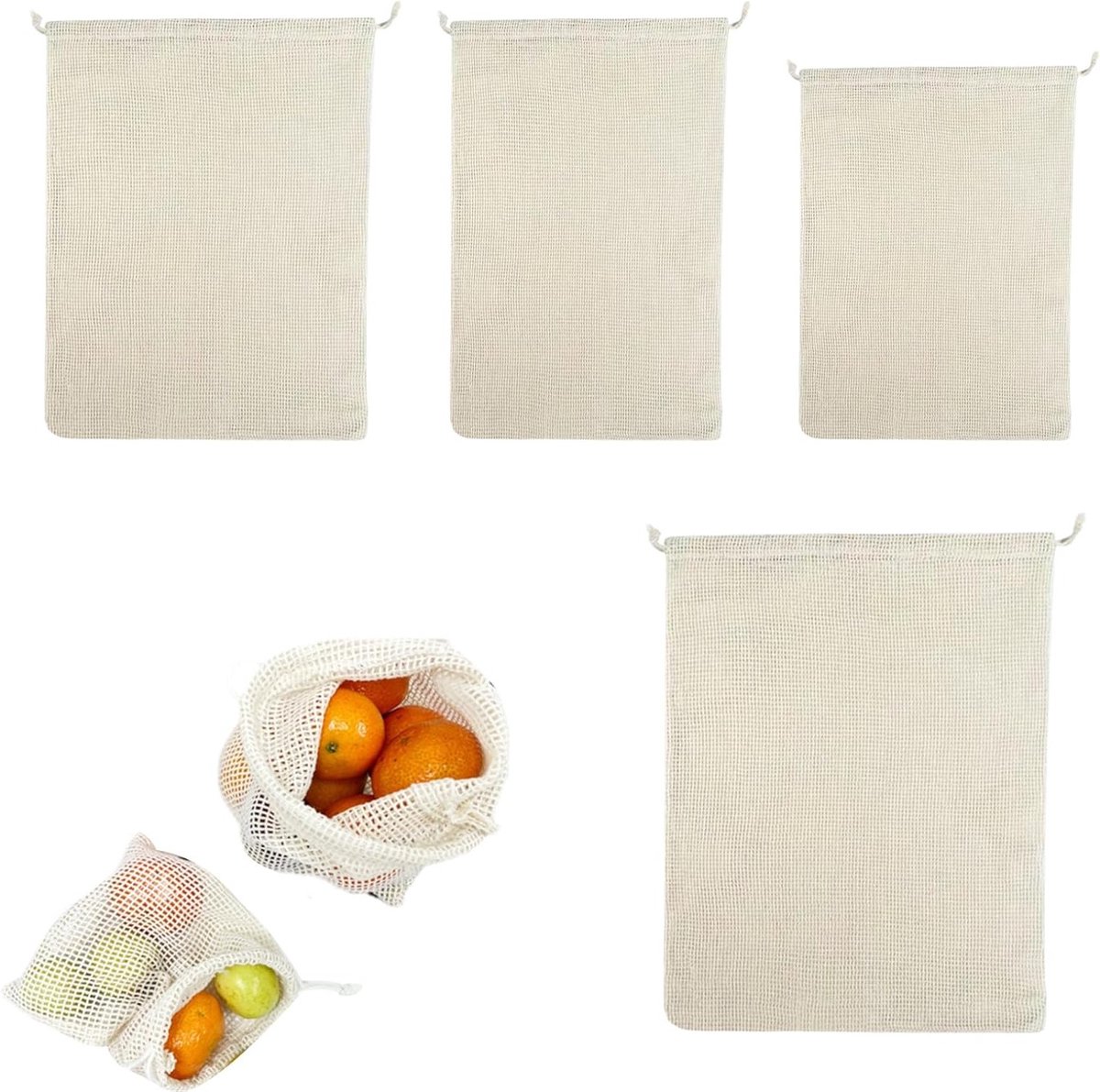 Herbruikbare Kookzakken - 4 Stuks Mesh Kookzakken voor Groenten, Bonen en Kruiden - Verschillende Maten 20x25cm, 20x30cm, 25x30cm, 30x40cm, Duurzaam en Milieuvriendelijk