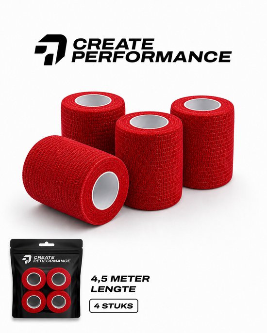 Quatre rouleaux de bande de sport cohésive rouge avec logo 'CREATE PERFORMANCE', y compris une pochette contenant quatre plus petits rouleaux de ruban adhésif rouge.