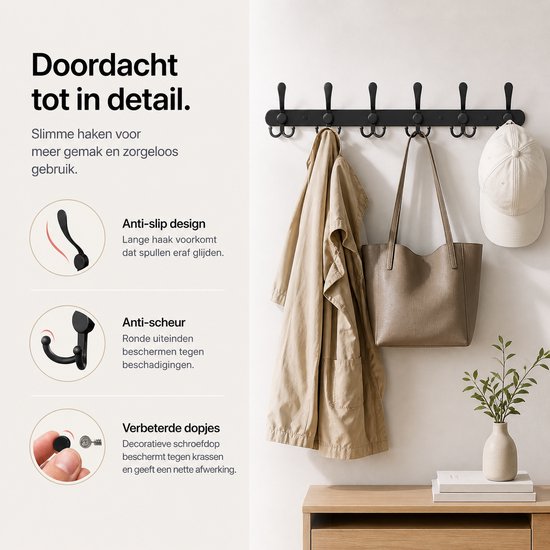 Zwarte wandkapstok met vijf dubbele haken, met een beige jas, handtas en witte pet.
