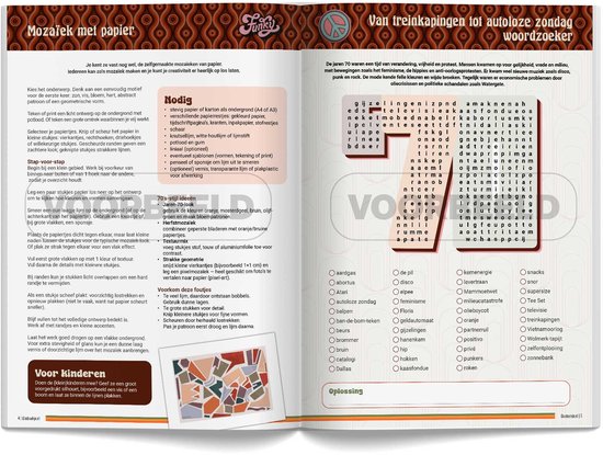 Pagina uit "Het Onwijs Gaaf Jaren 80 DoeBoek" met uitleg over "Mozaïek met papier" en een puzzel.