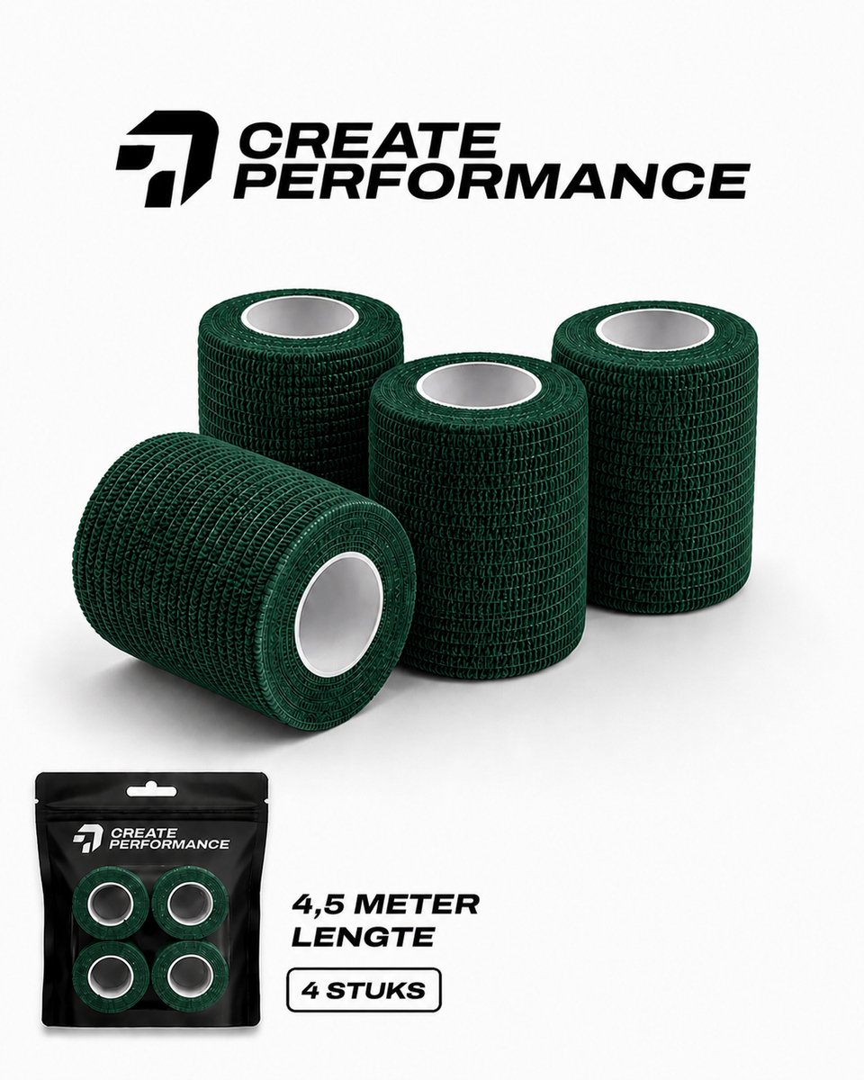 CREATE PERFORMANCE Voetbal Sokken Tape - Sokwrap - Underwrap - Cohesive Bandage - Sporttape - 4 stuks - Groen - Inclusief Tape Tasje