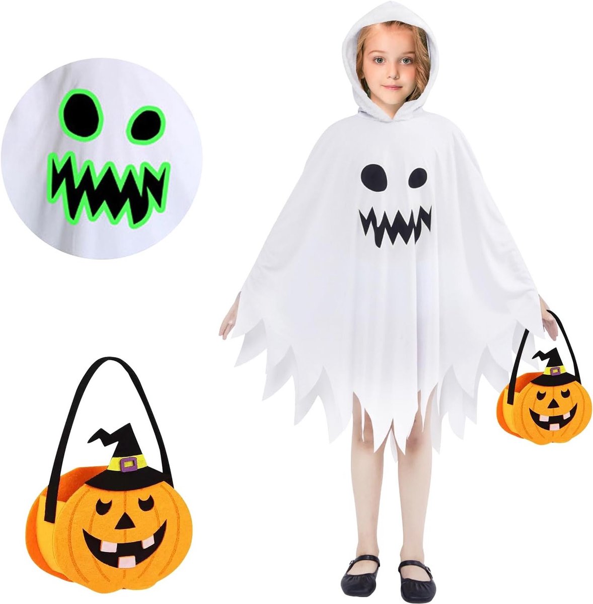 Unisex Halloween Kostuum voor Kinderen met Verlichting, Cape en Pompoentas voor Feestjes en Carnaval
