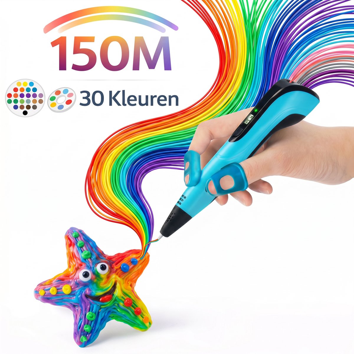 3D Pen Starterspakket XXL - 150m Vullingen in 30 Kleuren - Inclusief 3D Pen Vullingen, Tekenmat, Boek, Houder, Lader USB C,Kinderschaar, Vingercondoom & Opbergcase - Geschikt voor ABS & PLA Filament - Blauw