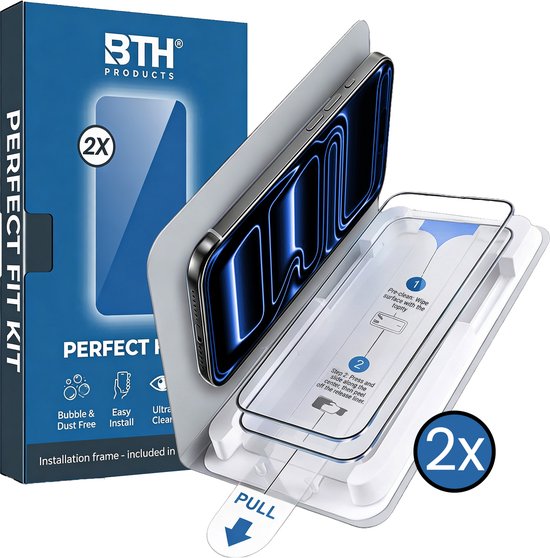 Doos met 'PERFECT FIT KIT' en een iPhone met screenprotector in een installatie frame. 2x genoteerd.