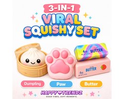 Happy Trendz® | 3-in-1 Squishy Kawaii Set – Dumpling, Taba Hondenpoot & Frietjes – Anti Stress Speelgoed – Fidget Toy – Bun Squishy Dumpling in luxe doosje - TikTok Trend