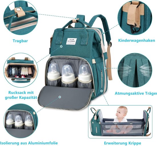 Luierrugzak voor baby's, reistas met draagbaar, grote capaciteit, multifunctionele luiertas, waterdicht, voor flessen, rugzak, Groen, Une taille, Casual — afbeelding 3