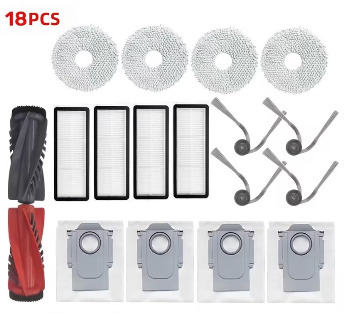 18-delige Accessoireset - Geschikt voor Roborock P20 Pro/Qrevo S5V/Qrevo Curv/Qrevo Edge Robotstofzuiger - 2 Hoofdborstel, 4 Doeken, 4 Filters, 4 Zijborstels, 4 Stofzakken