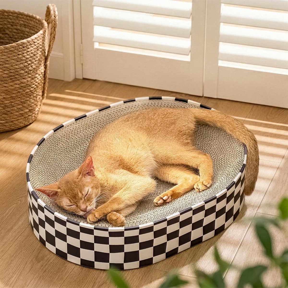 Krabpaal Kattenbed - Krabkom Nest - Krabben Ontspannen - 2-in-1 Hol Ontwerp - 43x33x9cm - Zwart-Wit Ruit