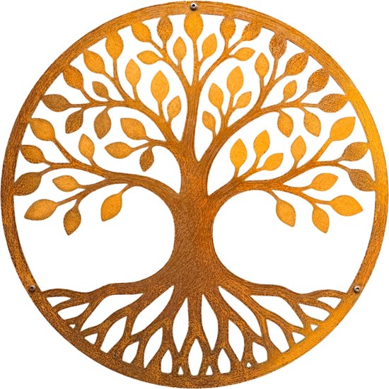 Rond wanddecoratie 'Tree of Life' van verweerd cortenstaal met een diameter van 45cm, op zwarte achtergrond.