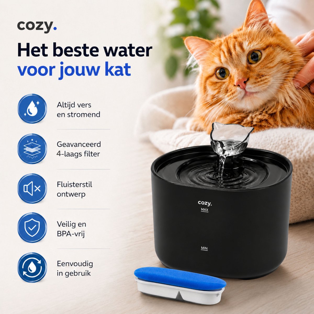 cozy.® Drinkfontein Kat Pro Plus 2026 - Waterfontein Kat 2.2L - Kattenfontein - Waterbak Kat - Waterdispenser Kat - Muisstil & Automatisch - Compact & Inclusief Filter - Zwart - Anti knoei Drinkbak thumbnail 3