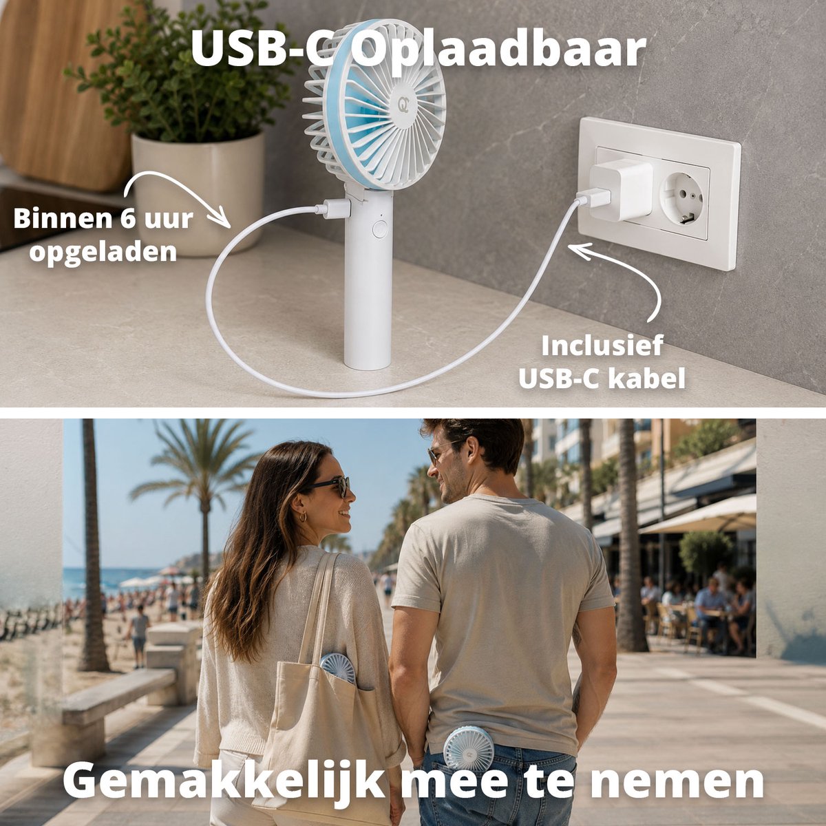 FlinQ Handventilator - Draagbare Ventilator - Mini Fan Oplaadbaar - Kleine Portable Ventilator met USB - Draadloze Tafelventilator - Wit / Blauw — afbeelding 6