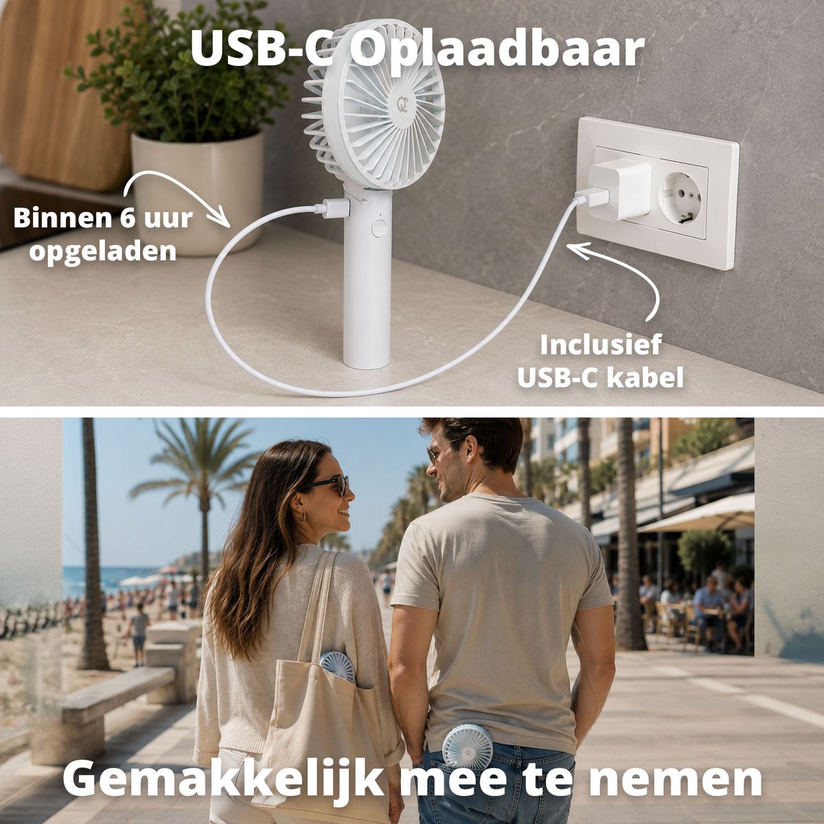 FlinQ Handventilator - Draagbare Ventilator - Mini Fan Oplaadbaar - Kleine Portable Ventilator met USB - Draadloze Tafelventilator - Wit — afbeelding 2