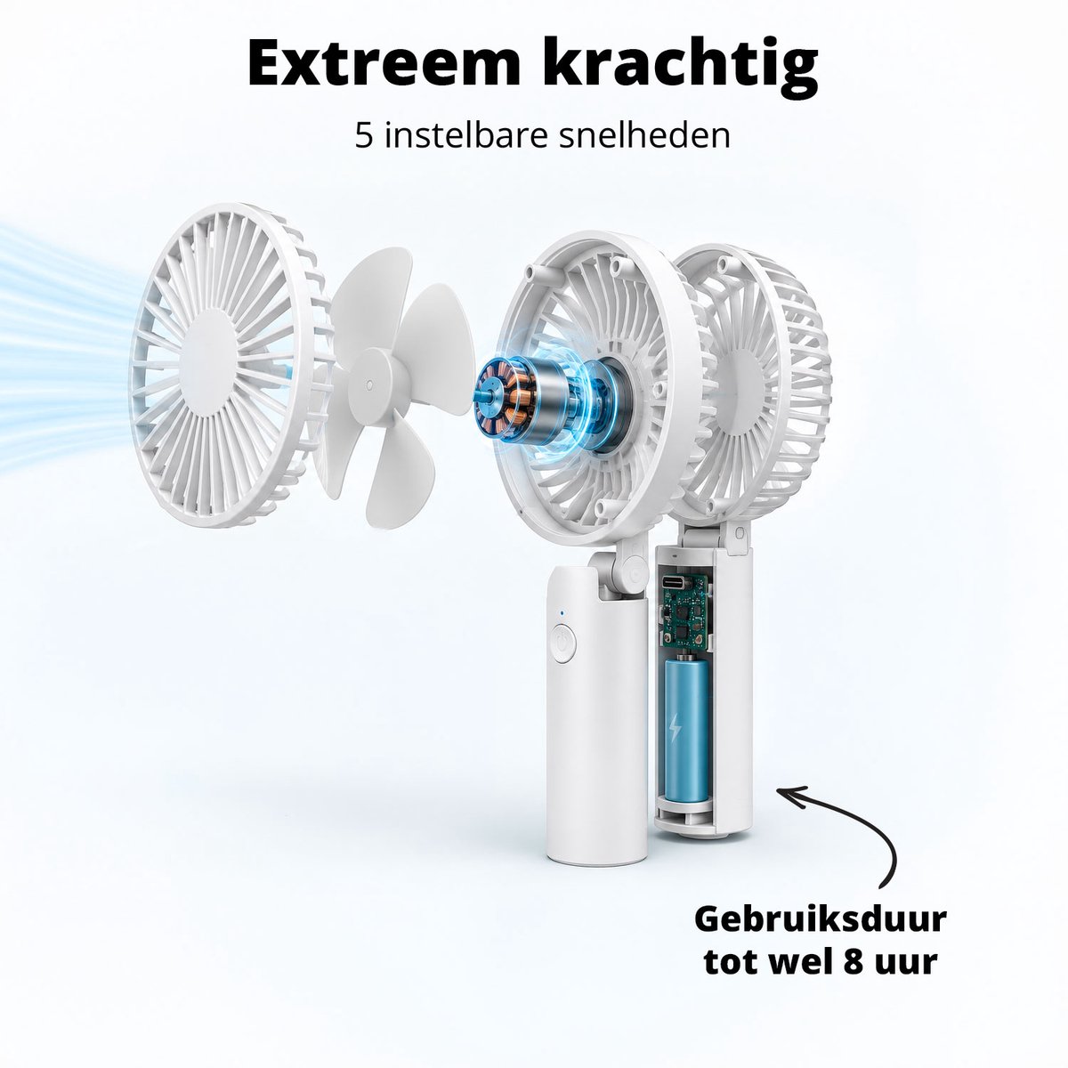 FlinQ Handventilator - Draagbare Ventilator - Mini Fan Oplaadbaar - Kleine Portable Ventilator met USB - Draadloze Tafelventilator - Wit — afbeelding 7