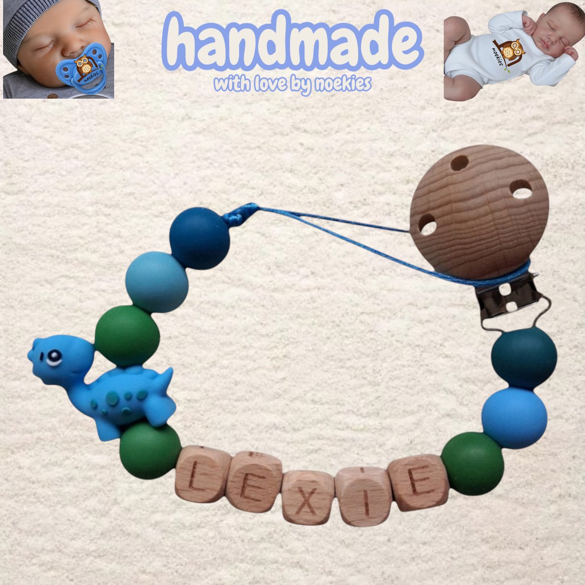 noekies naam speenkoord Dino blauw groen Kraamcadeau - Speenketting - Babycadeau - Babyshower nr 1