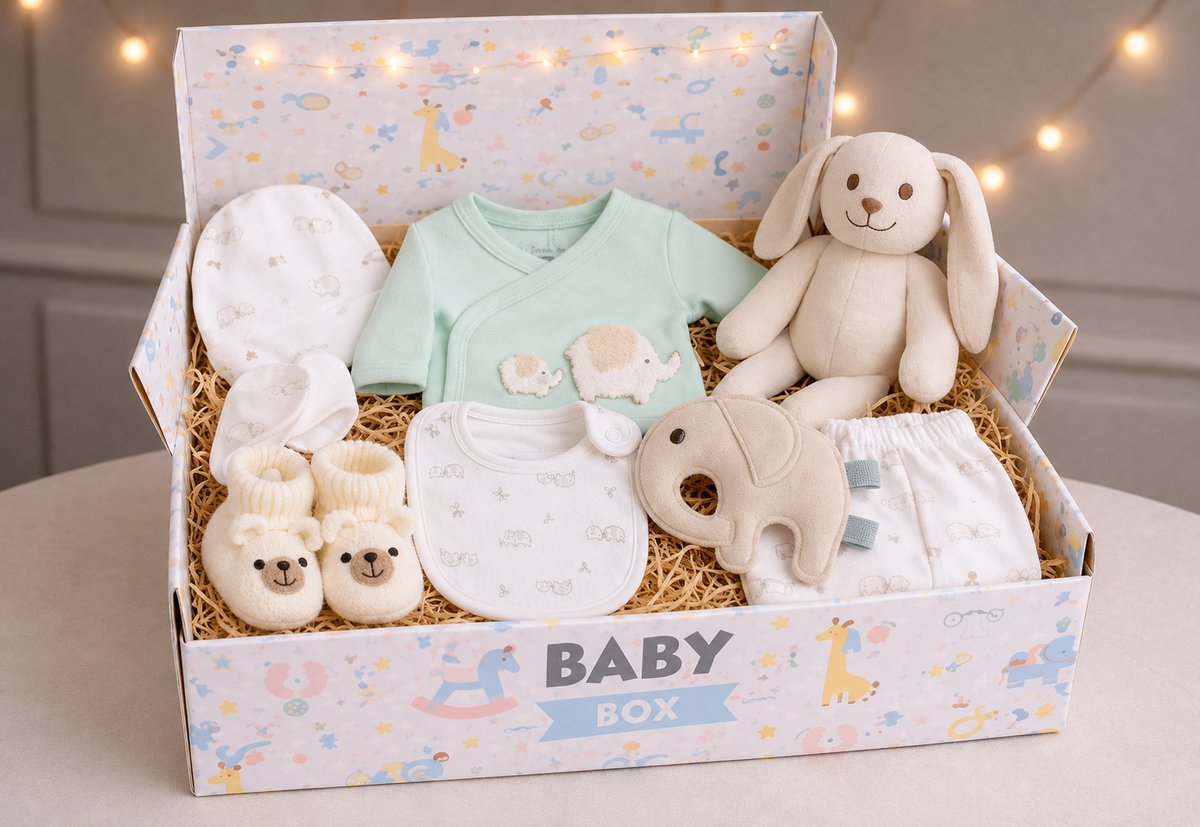 Blijeitje - Luxe 8-delige babycadeauset Mintgroen – Kraamcadeau Jongen - Babyshower & Gender Reveal Cadeau Giftset – Tutpop ollie, Konijn Rammelaar, Babymutsje, Shirtje, Broekje, Slabbetje & Slofjes - Neutraal Olifant Design