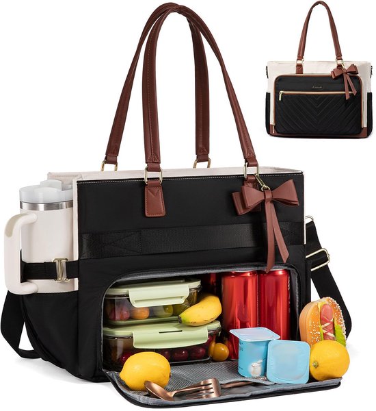 Lunchtas voor dames - lunchtas - handtas - koelkast tafelmodel - 2-in-1 geïsoleerd ontwerp - Laptoptas met apart lunchvak - Grote inhoud - Ontwerp met meerdere vakken - Geschikt voor 15,6-inch laptops —bruin — afbeelding 5