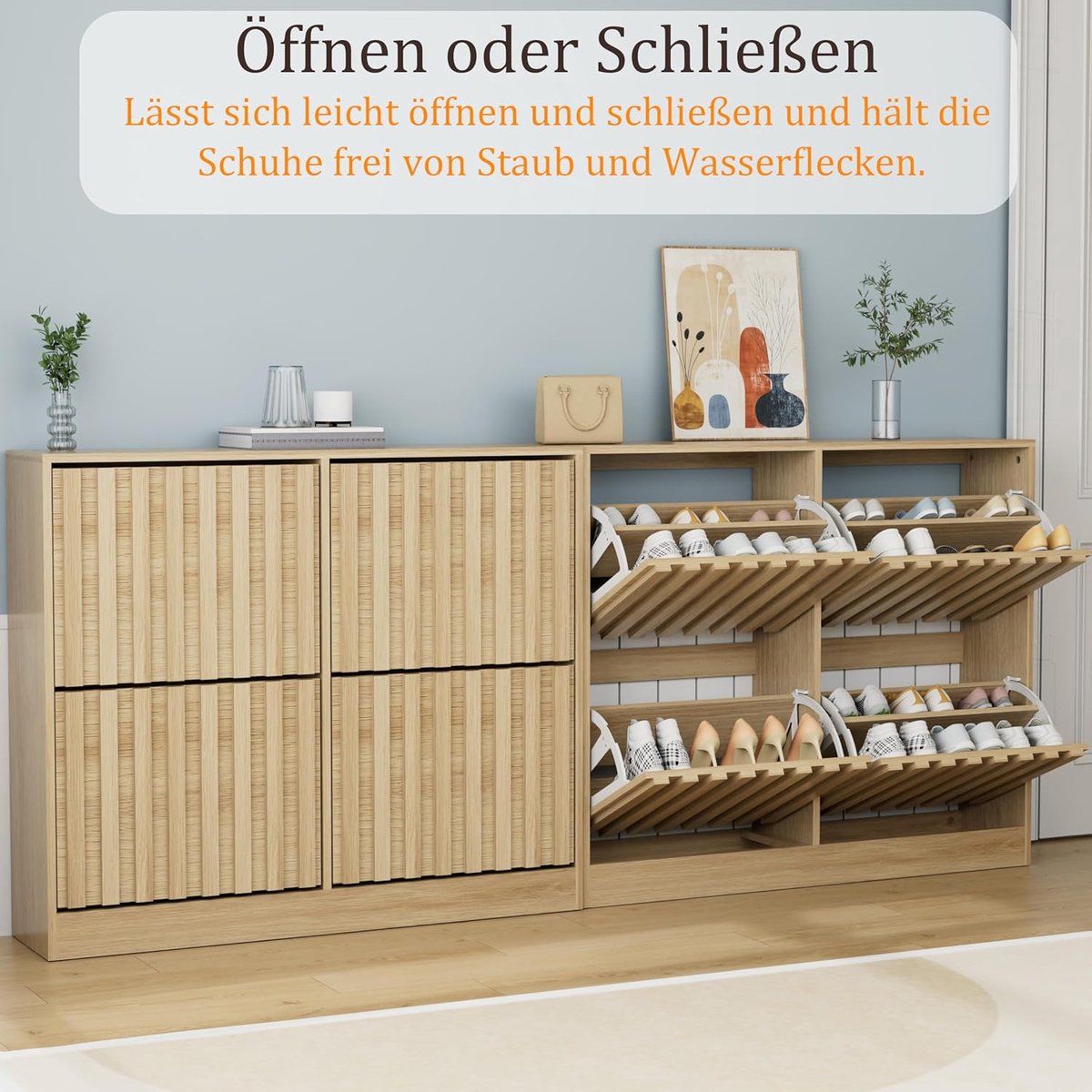 Schoenenkast 4 Kleppen Smal 102 cm – House&Garden Hal Schoenenkast Industrieel Naturel Houtlook – Anti-Kantel Schoenopberger met Verstelbare Scheidingswanden – Schoenenrek Kast voor Hal, Entree & Gang