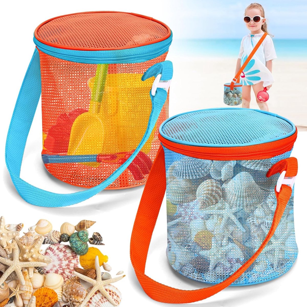 Strandtas - Speelgoedtas van gaas - 2 stuks - Opvouwbaar - Met ritssluiting en verstelbare schouderband - Strandtas van gaas - Speelgoedopbergtas - Gereedschap om in het zand te graven - unisex - Multifunctionele opbergtas