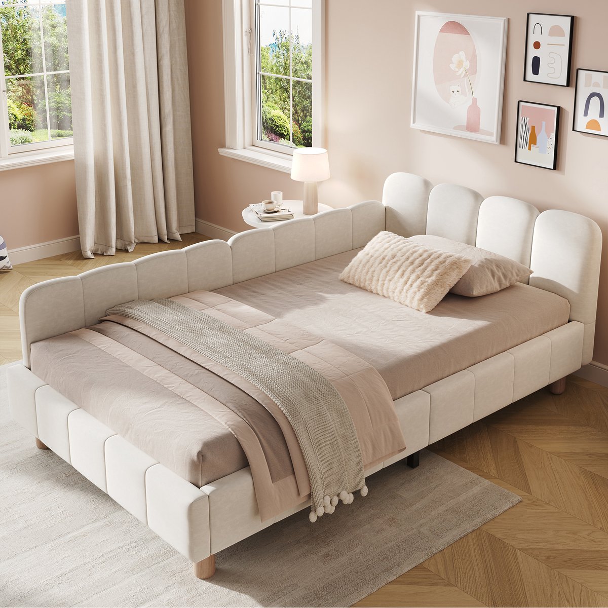 Gestoffeerd bed - eenpersoonsbed - kinderbed 90 x 200 cm - met gestoffeerd hoofdeinde en valbeveiligingshek - beige - zonder matras