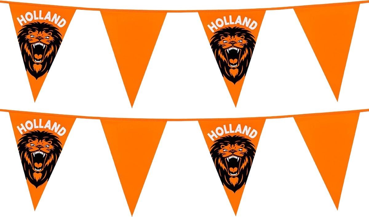 Okado Oranje Vlaggenlijn met Leeuw 2 Stuks – Holland Slinger van Kunststof – 6 Meter per Lijn – 15 Vlaggen – Voor EK, WK, Koningsdag en Feest
