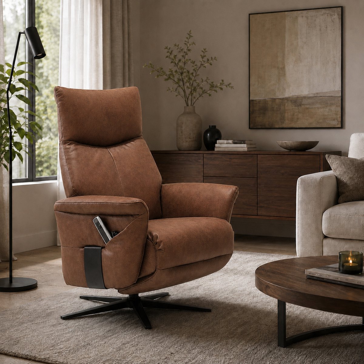 Relaxfauteuil Ravi – Elektrische Relaxstoel met 2 Motoren & Afstandsbediening – Accu – 180° Draaibaar – Micro Leder – Cognac