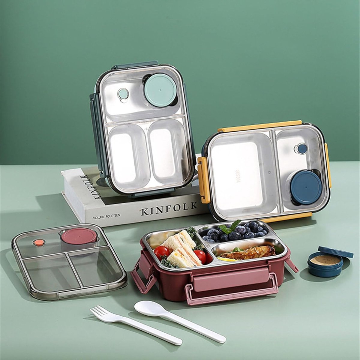 Lunchbox - Geïsoleerde bento box - 304 RVS lunchbox met bestek - Luxe broodtrommel met 3 vakken - Bento-lunchbox voor kantoor en school - 850ml - roze — cadeau in Koken & Dineren - foto 5