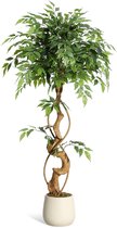 120cm kunstficus met gebogen stammen - 1-laagse kunstplant zijden boom met witte plantenbak - kunstficus voor binnenhuisdecoratie thuis