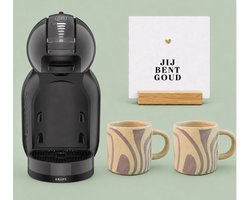 KRUPS NESCAFÉ Dolce Gusto MiniMe KP120810 - Koffiecupmachine - Antraciet / zwart + 2 grijsgestreepte mokken met oor + witte tegel "Jij bent goud" + tegelhouder