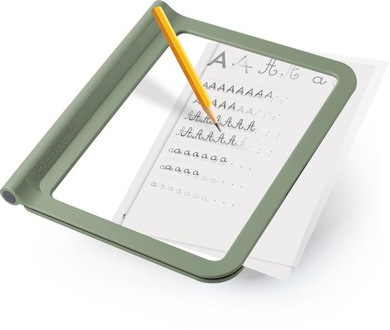 Tablette de dessin vert pâle avec un crayon écrivant sur du papier ligné et pointillé.
