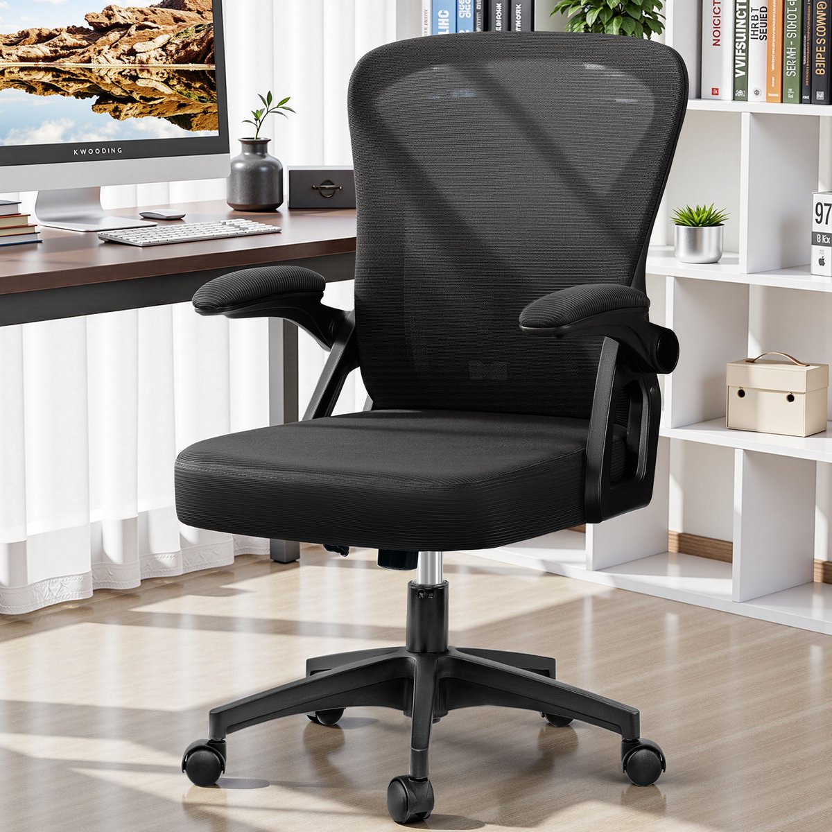 FelixKing Ergonomische Bureaustoel met Middelhoge Rugleuning, Verstelbare Lendensteun, Opklapbare Armleuningen, Wielen, Draaifunctie, Ademend Mesh