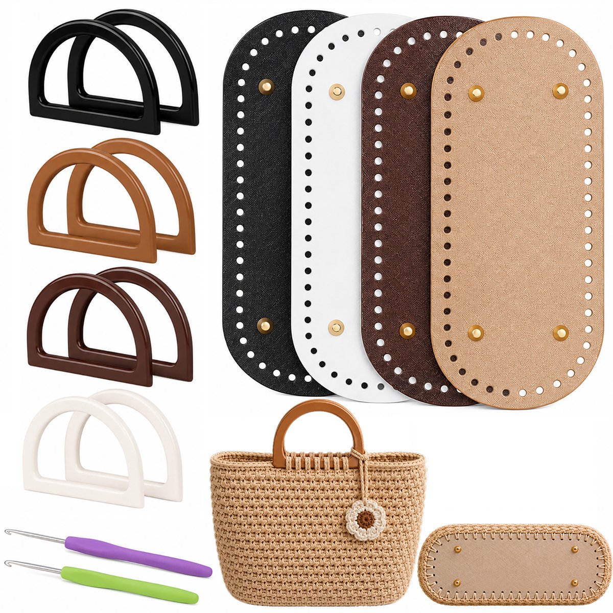 Topmelon 4 Stuks PU Gehaakte Tasbodems met 8 Stuks D-vormige Handvatten en 2 Stuks Crochet Hooks, DIY Handwerktas Accessoires voor Gehaakte Tassen