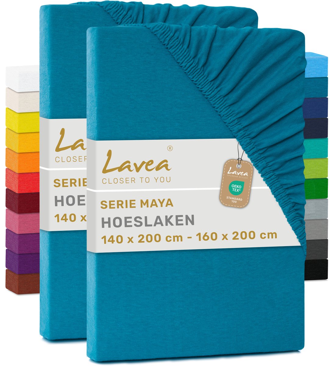 Lavea® Set van 2 Hoeslakens 140x200 cm – 100% Zacht en Ademend Katoen – voor Dikke Matrassen tot 20 cm – Jersey met Elastiek rondom – Aquamarijn