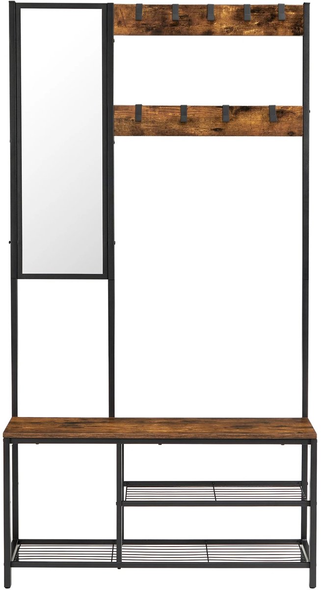 Velori Kapstok met Spiegel - Garderoberek met Schoenenrek en Zitbank - Halmeubel - Kledingrek met 9 Haken - Industrieel Design - Zwart 98 x 36 x 185 cm – foto 4