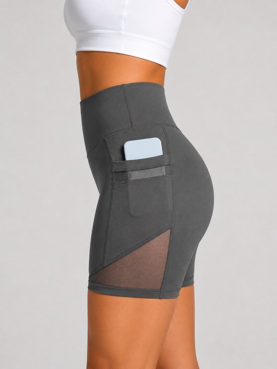 Short élégant pour femme - Avec poches pratiques - Avec empiècements en maille - Élégant - Shorts à poches - Taille haute - Respirant et extensible - Détails en maille - Grijs - Taille XL
