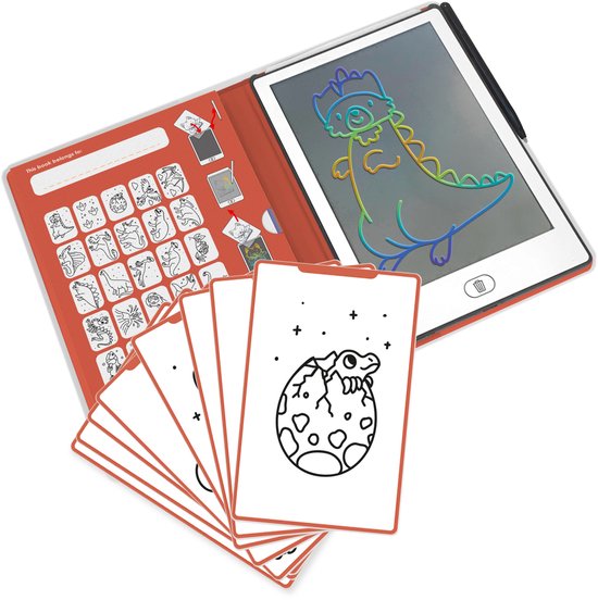 Tablette d'écriture LCD avec illustrations de dinosaures, y compris des cartes d'exercices.