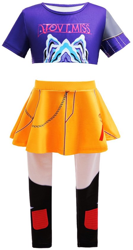 Paarse crop top met grafische print, oranje rok met kettingprint, en broek met zwart/witte/rode patronen.