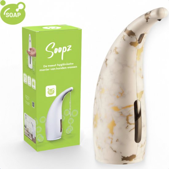Automatische zeepdispenser Soopz marmer-goud, naast de groene verpakking met een zeepicoon.
