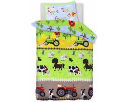 1-persoons dekbedovertrek (dekbedhoes) boerderij met trekker (tractor) en dieren (koe, paard, schaap, kip, eend) in groene weide met appelbomen 140 x 200 cm (kinderkamer, cadeau Sint & Kerst)