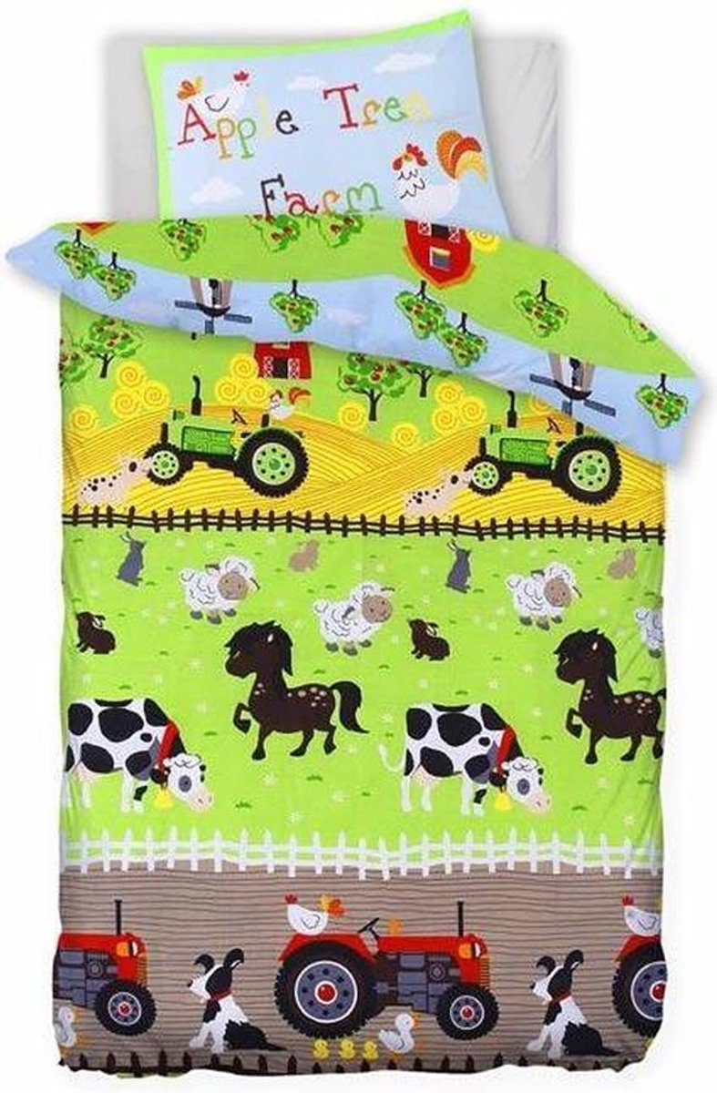 1-Persoons dekbedovertrek (dekbedhoes) boerderij met trekker (tractor) en boerderijdieren (koe, paard, schaap, kip, eend) in groene weide met appelbomen 140 x 200 cm (beddengoed kinderkamer)