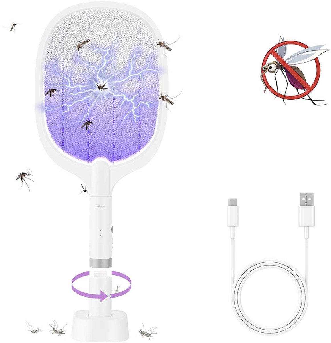 Elektrische vliegenmepper – Uv-licht om muggen aan te trekken – USB-kabel – Rooster met 3 lagen – Inclusief voet – Zeer krachtige, oplaadbare vliegenmepper voor thuisgebruik – Wit