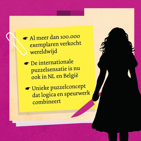 Silhouette noire d'une femme tenant un couteau rose et une note jaune avec du texte.