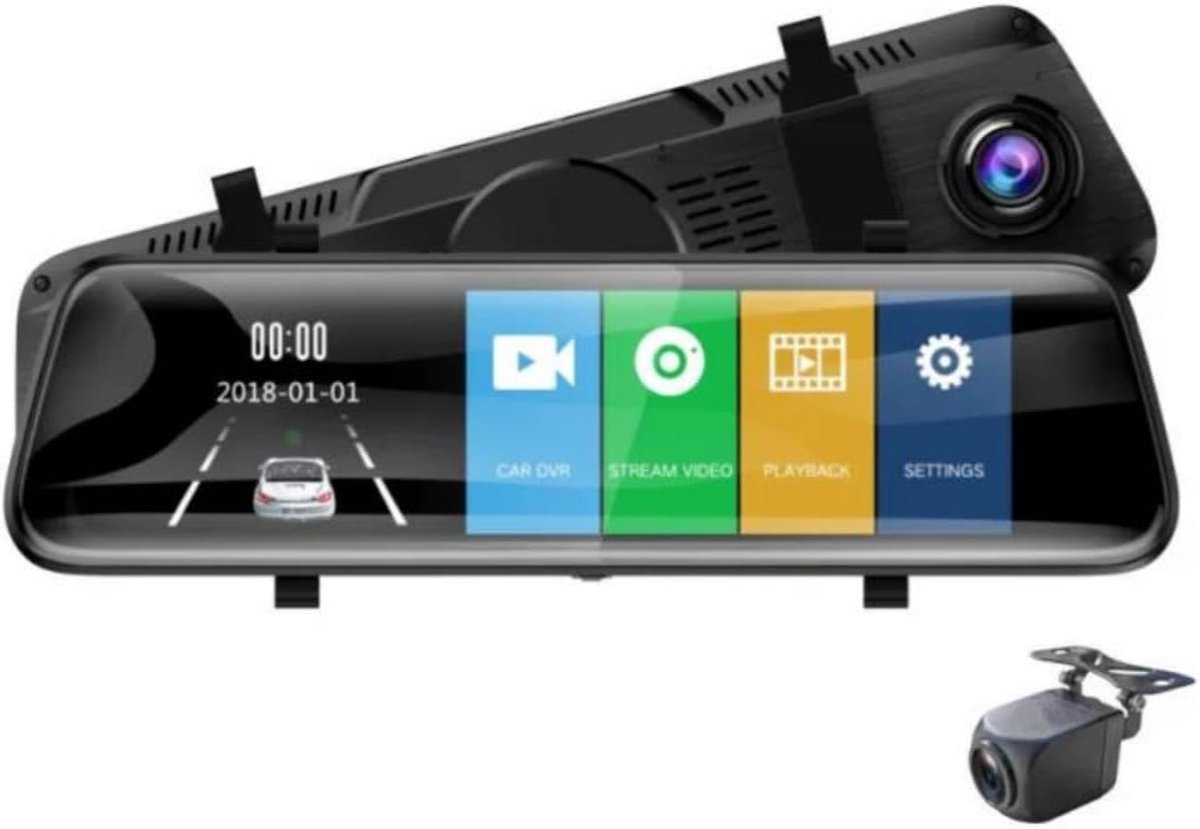 10-inch Touchscreen Spiegel Dashcam – Dubbel Voor- en Achterobjectief – Full HD Videorecorder met Live Stream – Nachtzicht en Parkeermodus