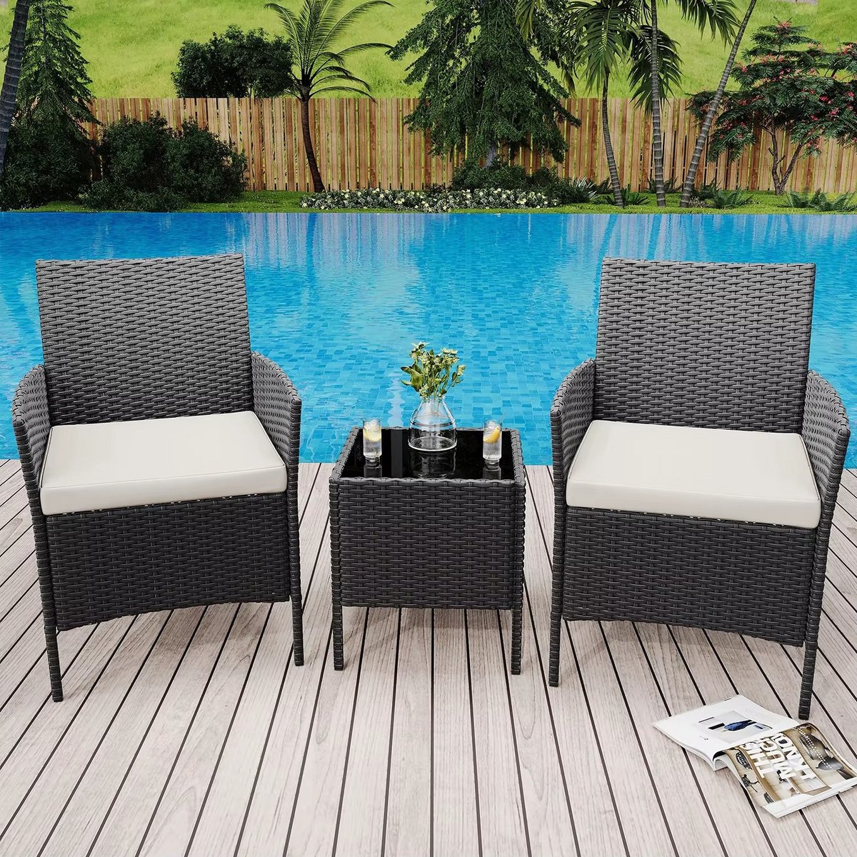 3-Delige Rotan Bistroset – 2 Tuinstoelen met Zachte Kussens & Salontafel met Glazen Blad – PE-Rotan Balkonset voor Tuin, Veranda & Terras