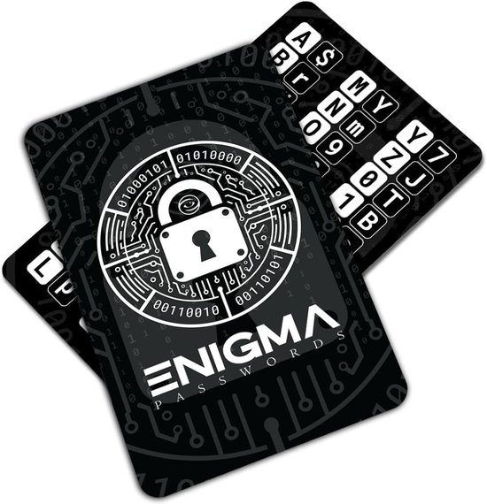 Twee zwarte kaarten. Eén toont een wit slot-icoon en de tekst ENIGMA PASSWORDS. De andere toont letters.