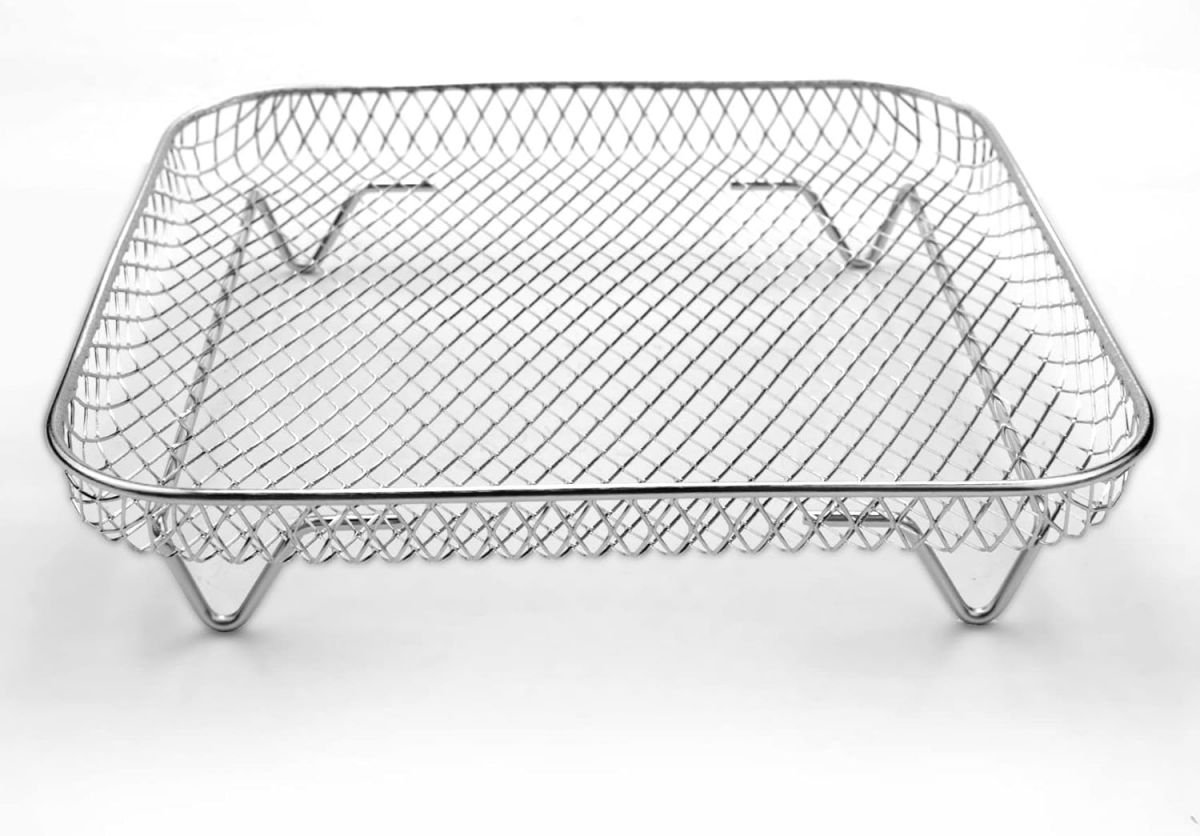 Quttin Koken Airfryer stapelbare mesh grillrooster/kookrooster/rekje/stoomrooster vierkant 20x20x4 cm roestvrijstaal 2 stuks