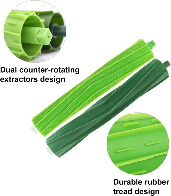 Groene en donkergroene rolborstels met dubbele tegenroterende extractoren en rubberen loopvlak.