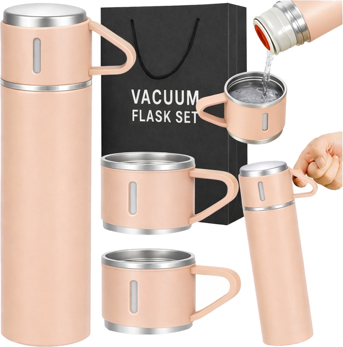 Thermosfles van 400 ml + 3 Kopjes – Roestvrij staal – Voor Warme en Koude Dranken