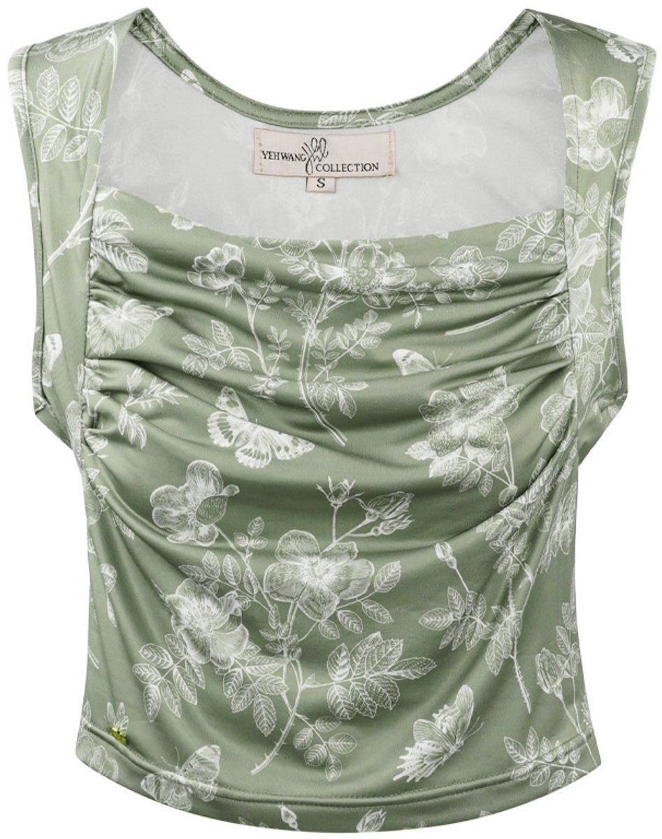 Modieuze Mouwloze Top met Asymmetrische Hals en Botanische Print - Groen - Maat M